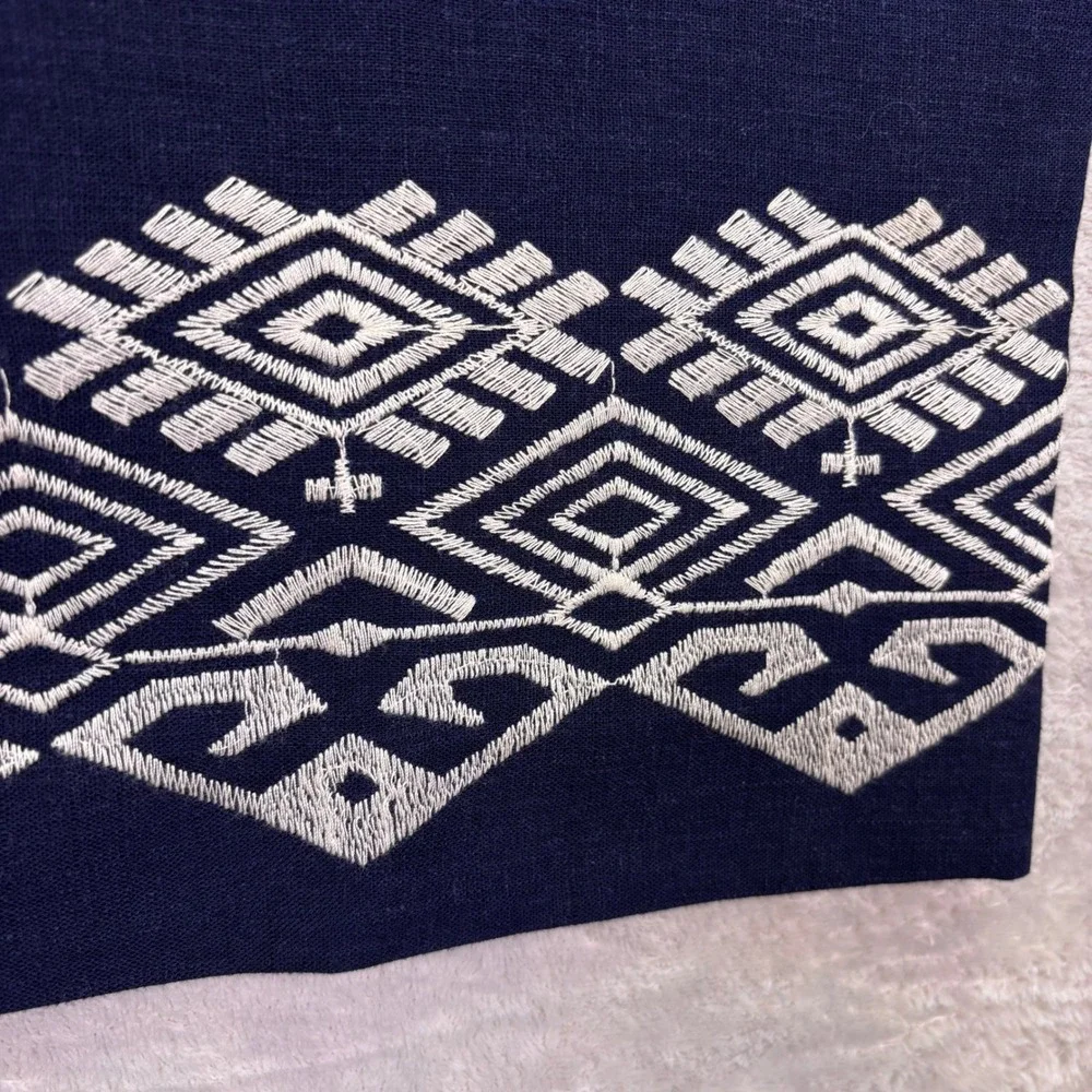 Zara Women Culottes‎ Small Navy Blue Embroidered Linen Blend High Rise Wide Leg